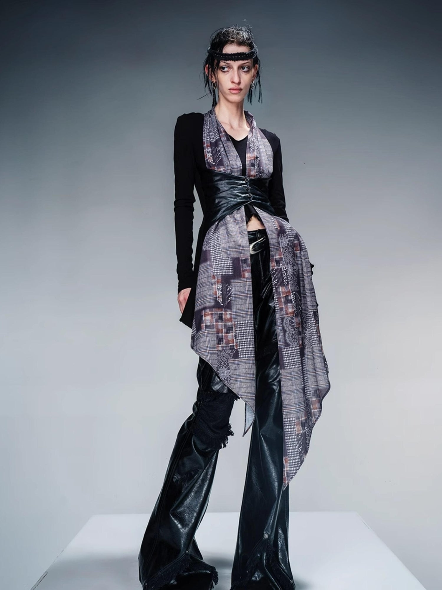 NN NORTH NODE Knit Blouse With Detachable Printed Scarf And Leather Accents