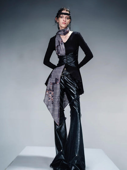 NN NORTH NODE Knit Blouse With Detachable Printed Scarf And Leather Accents