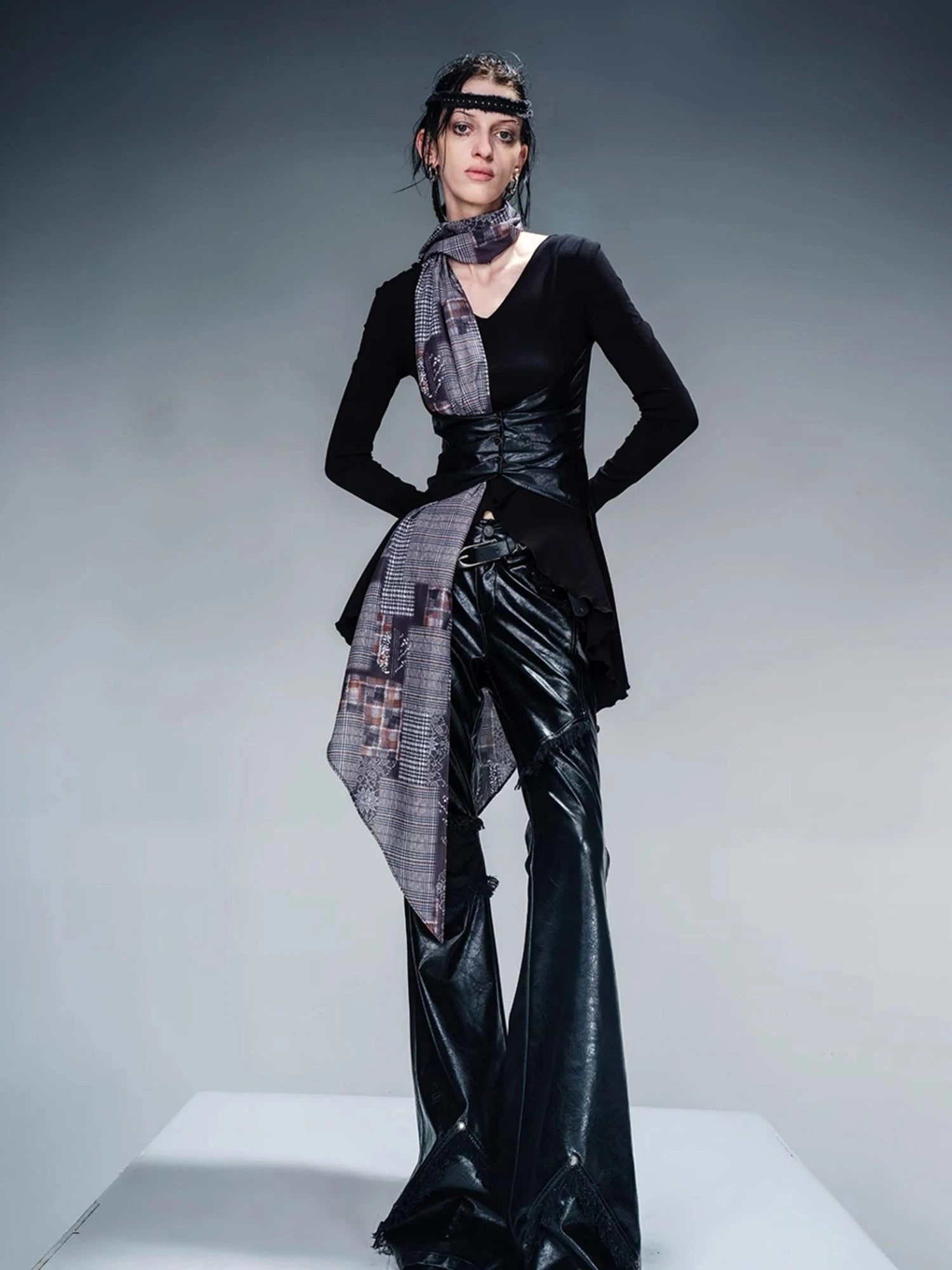 Knit Blouse With Detachable Printed Scarf And Leather Accents