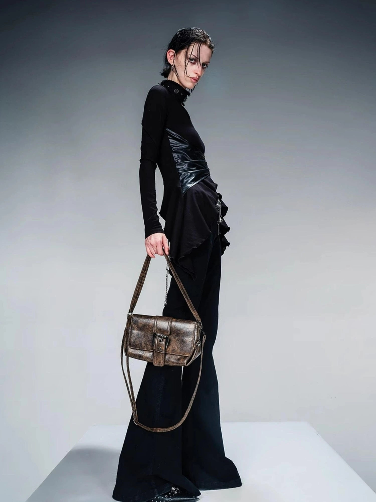 Knit Blouse With Detachable Printed Scarf And Leather Accents