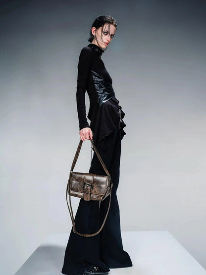 Knit Blouse With Detachable Printed Scarf And Leather Accents