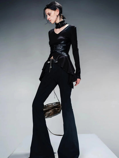 Knit Blouse With Detachable Printed Scarf And Leather Accents