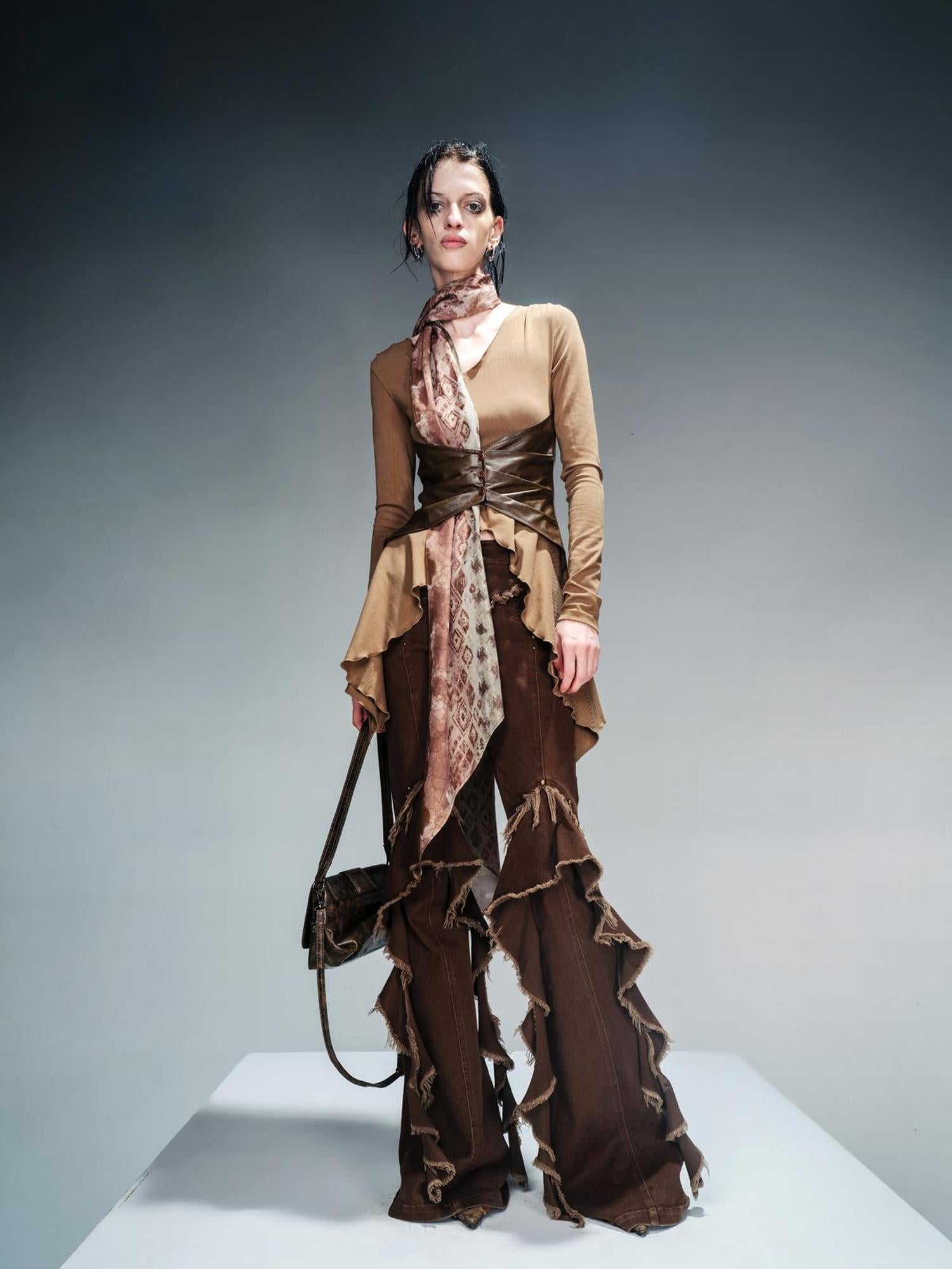 NN NORTH NODE Knit Blouse With Detachable Printed Scarf And Leather Accents