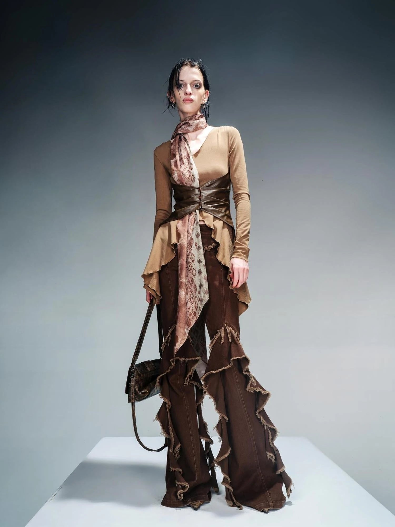 Knit Blouse With Detachable Printed Scarf And Leather Accents