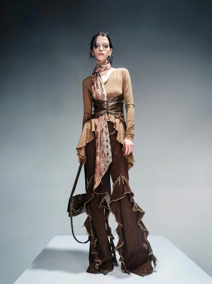 Knit Blouse With Detachable Printed Scarf And Leather Accents