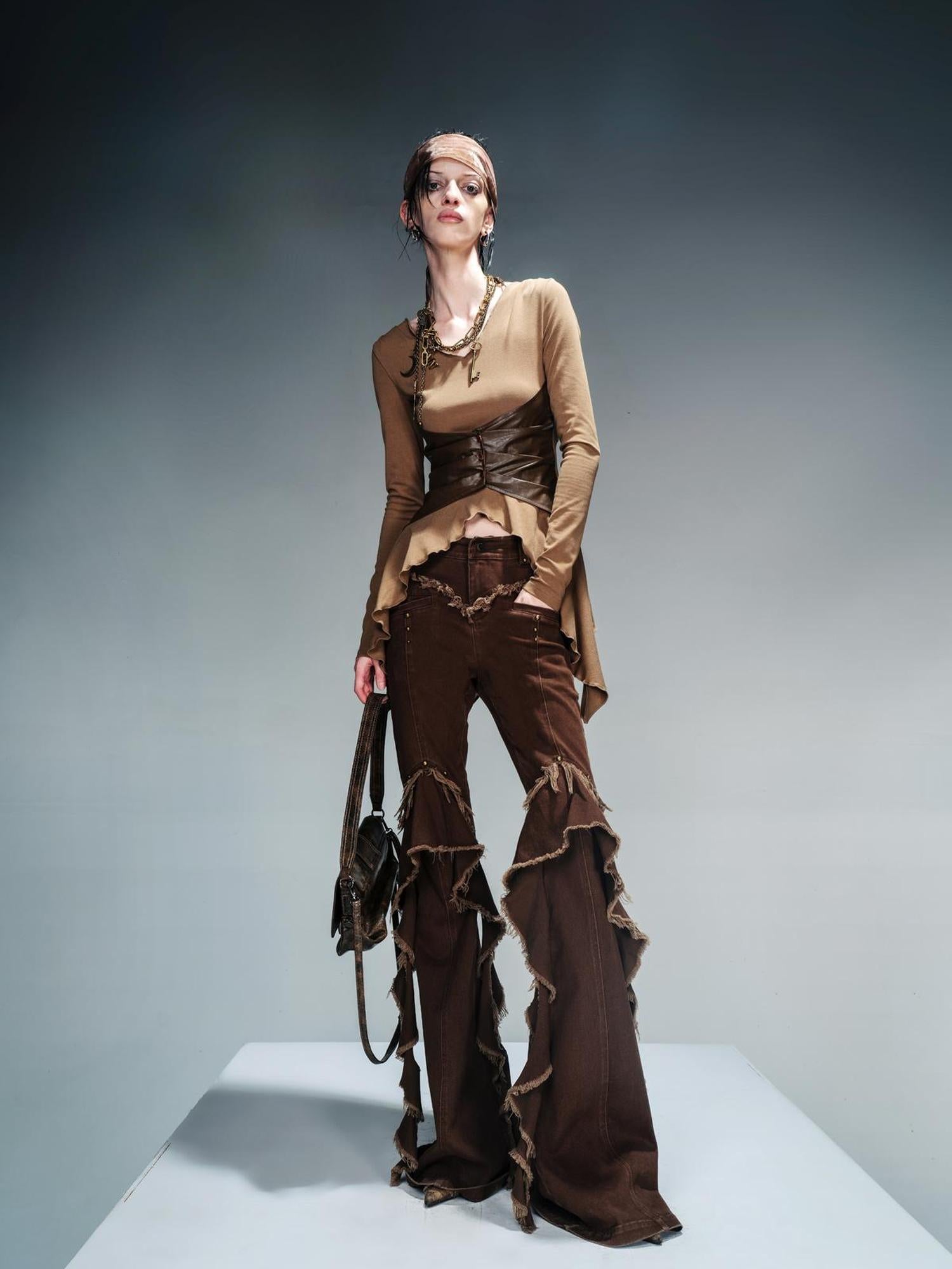 NN NORTH NODE Knit Blouse With Detachable Printed Scarf And Leather Accents