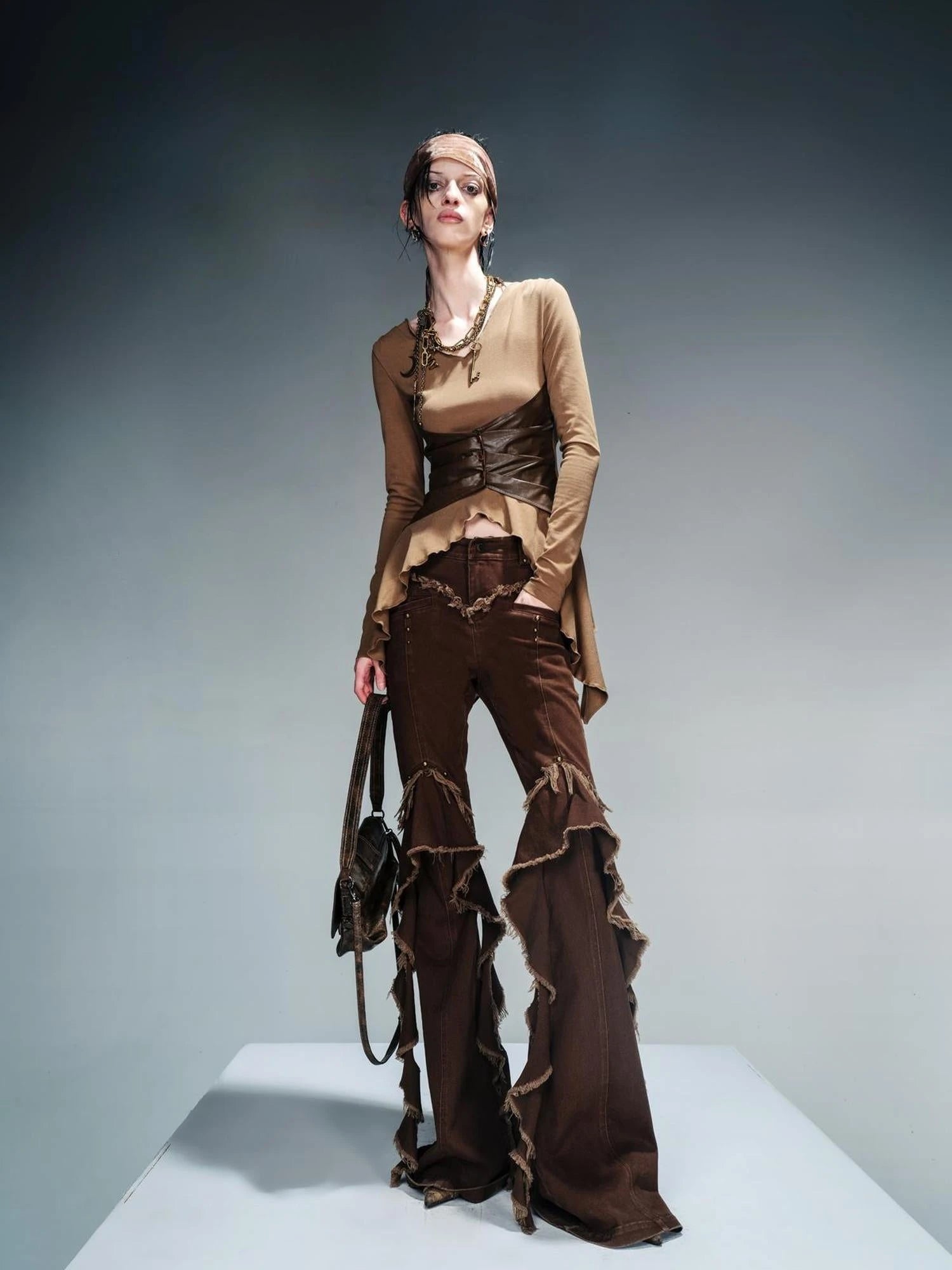 Knit Blouse With Detachable Printed Scarf And Leather Accents