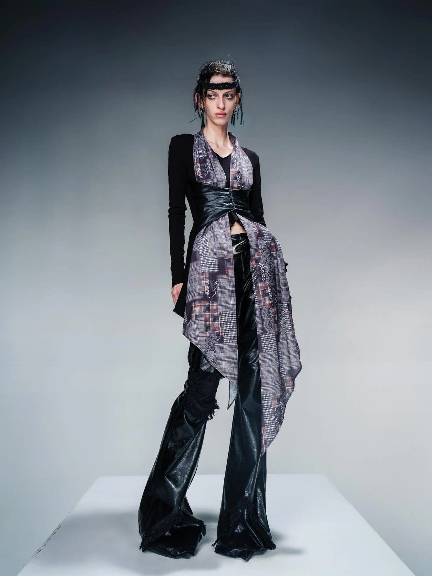 Knit Blouse With Detachable Printed Scarf And Leather Accents