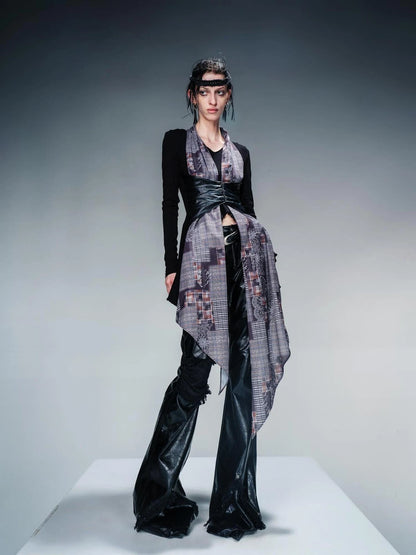 Knit Blouse With Detachable Printed Scarf And Leather Accents