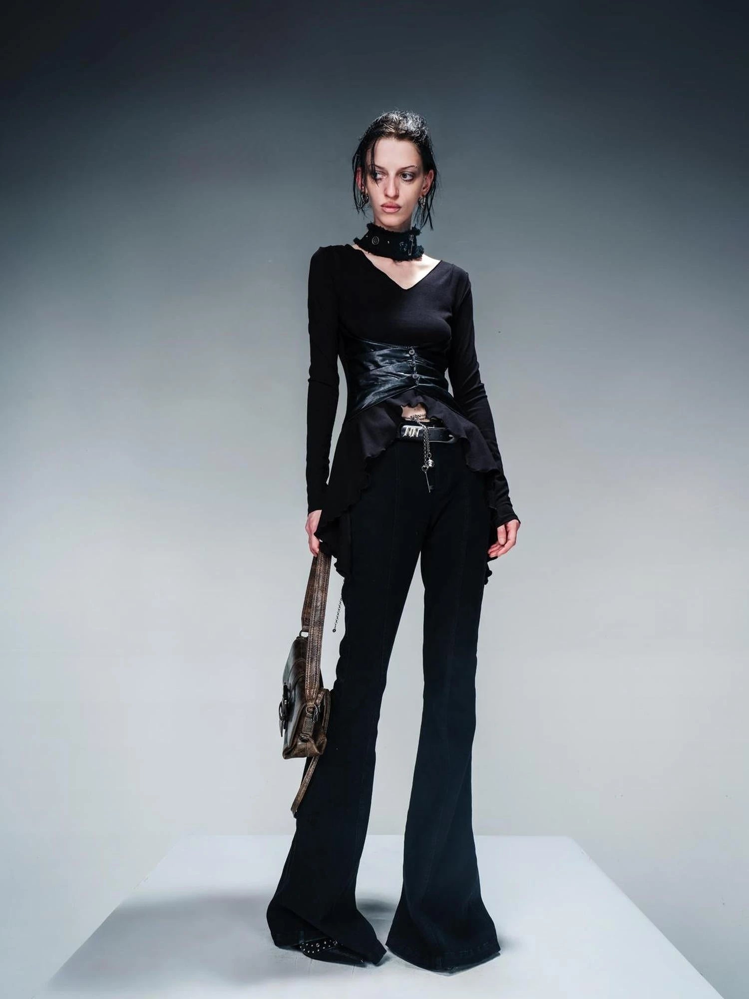 Knit Blouse With Detachable Printed Scarf And Leather Accents