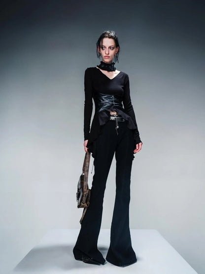 Knit Blouse With Detachable Printed Scarf And Leather Accents