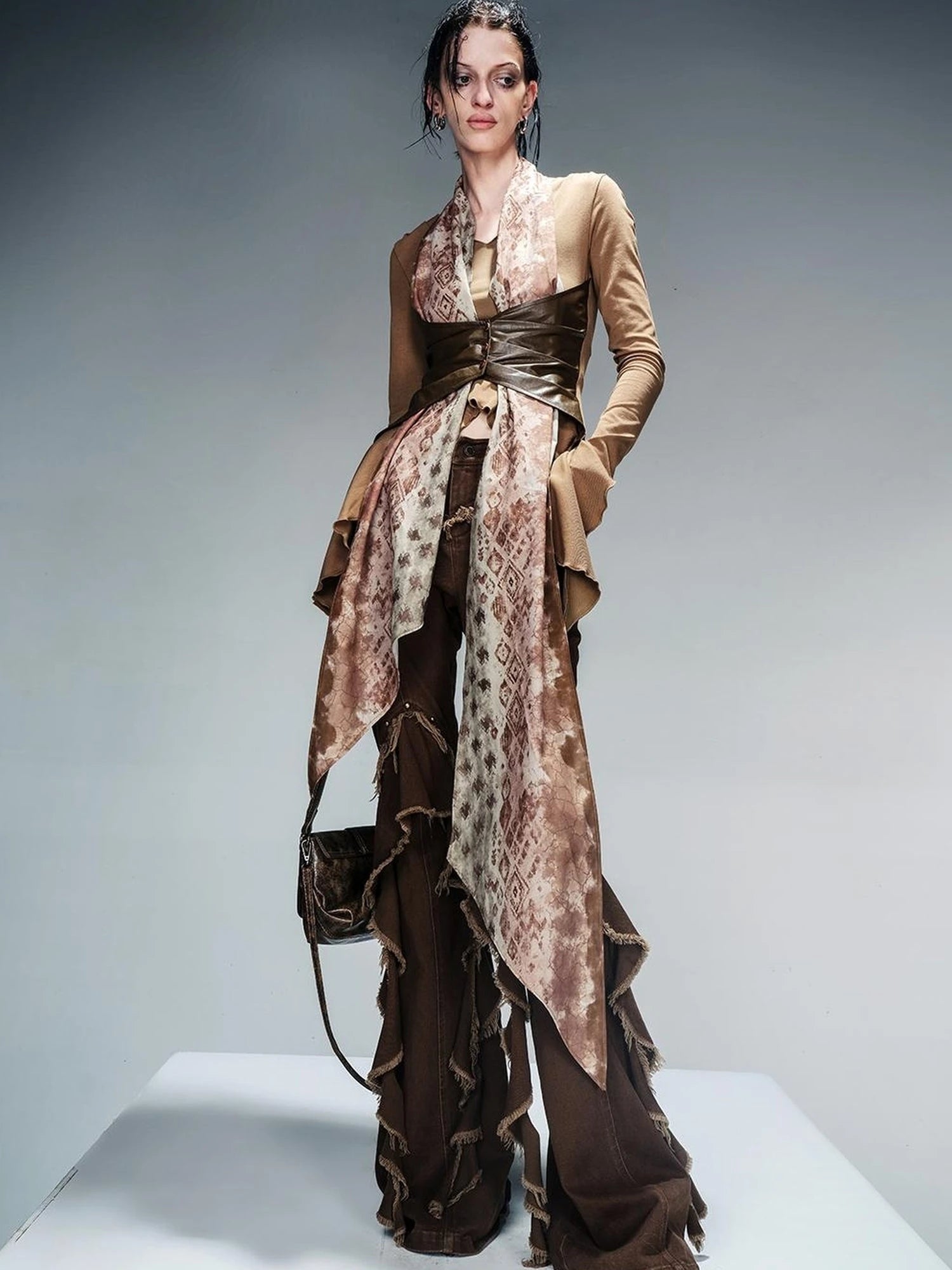 Knit Blouse With Detachable Printed Scarf And Leather Accents