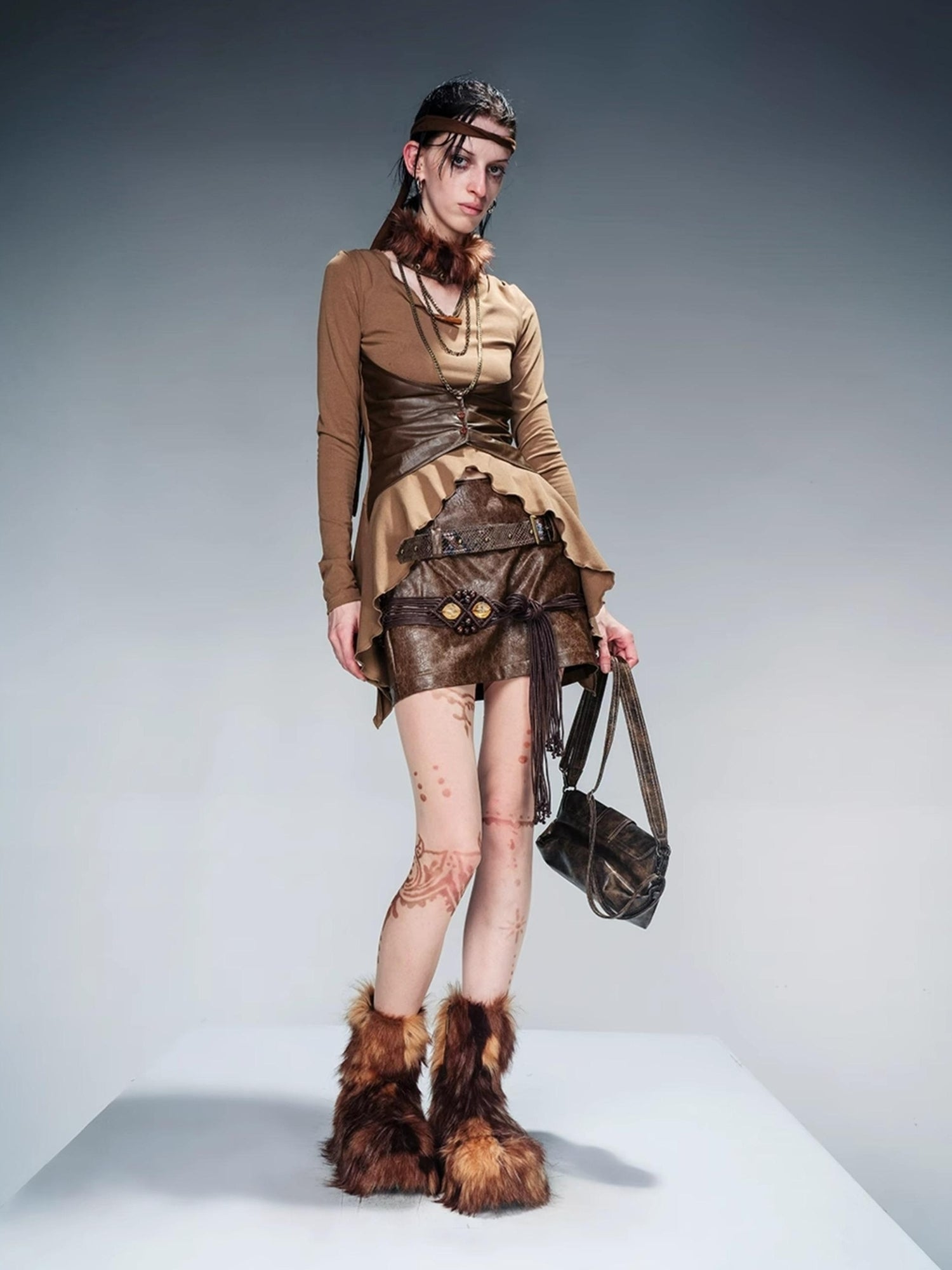 NN NORTH NODE Knit Blouse With Detachable Printed Scarf And Leather Accents