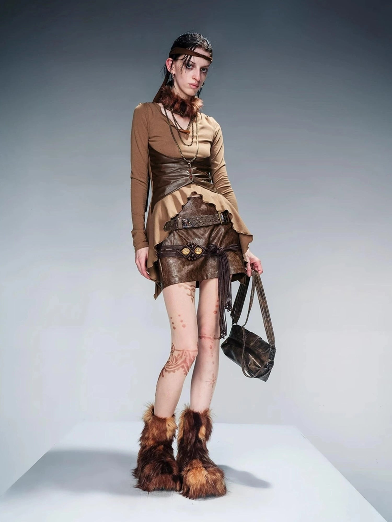 Knit Blouse With Detachable Printed Scarf And Leather Accents