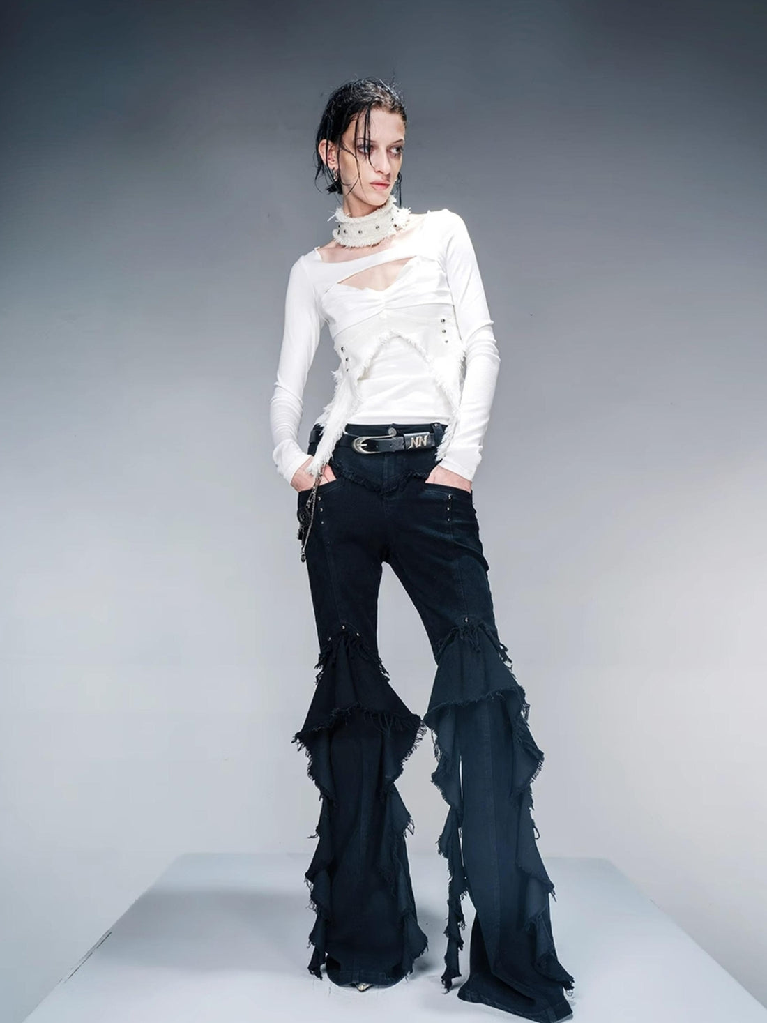 NN NORTH NODE Knit Denim Frayed Edge Layering Top