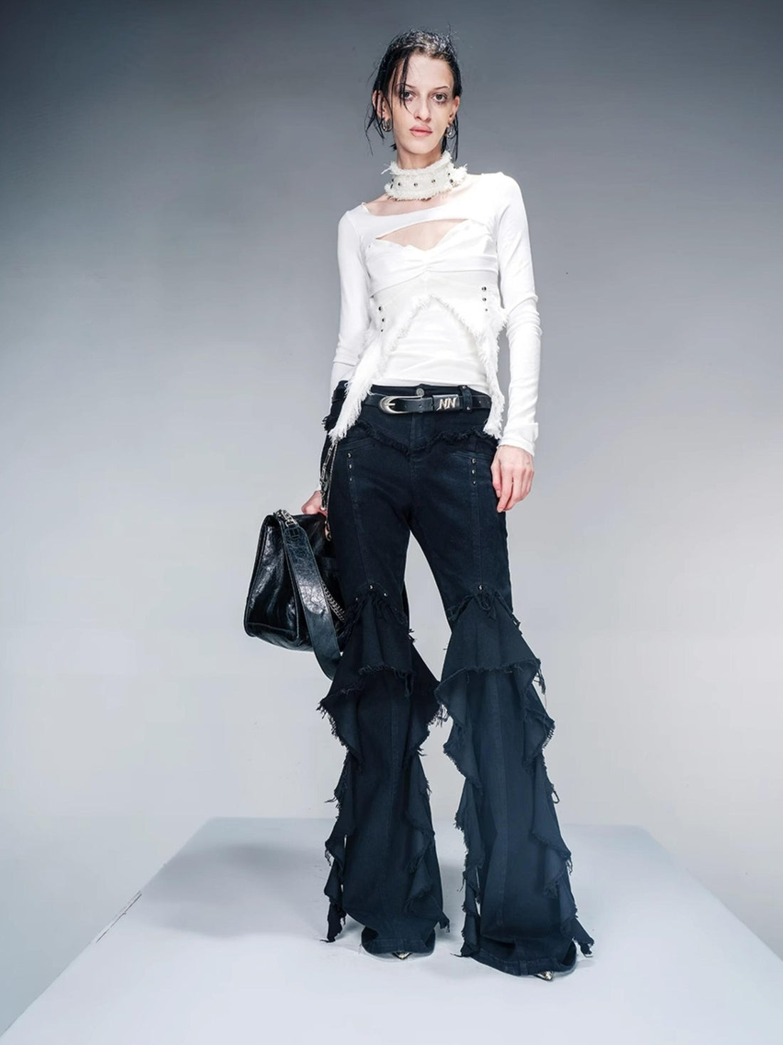 NN NORTH NODE Knit Denim Frayed Edge Layering Top