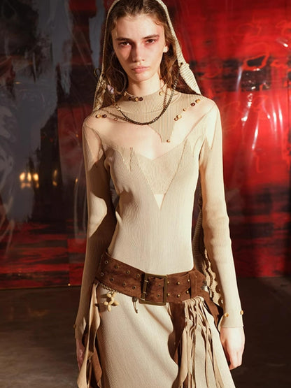 NN NORTH NODE Knitted Lace Trimmed Dress With Detachable Fur Collar