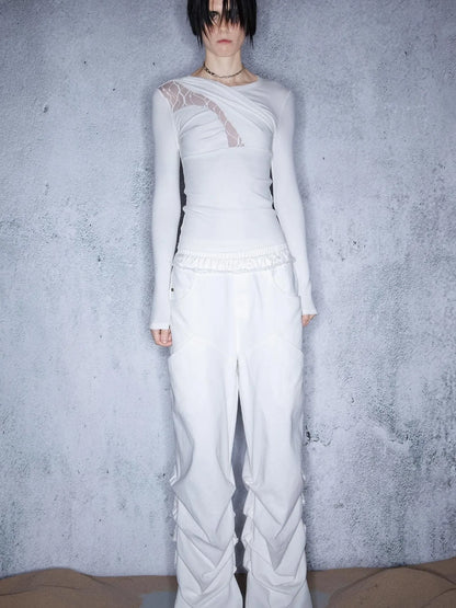 Lace Paneled Knit Tee With Slanted Hem