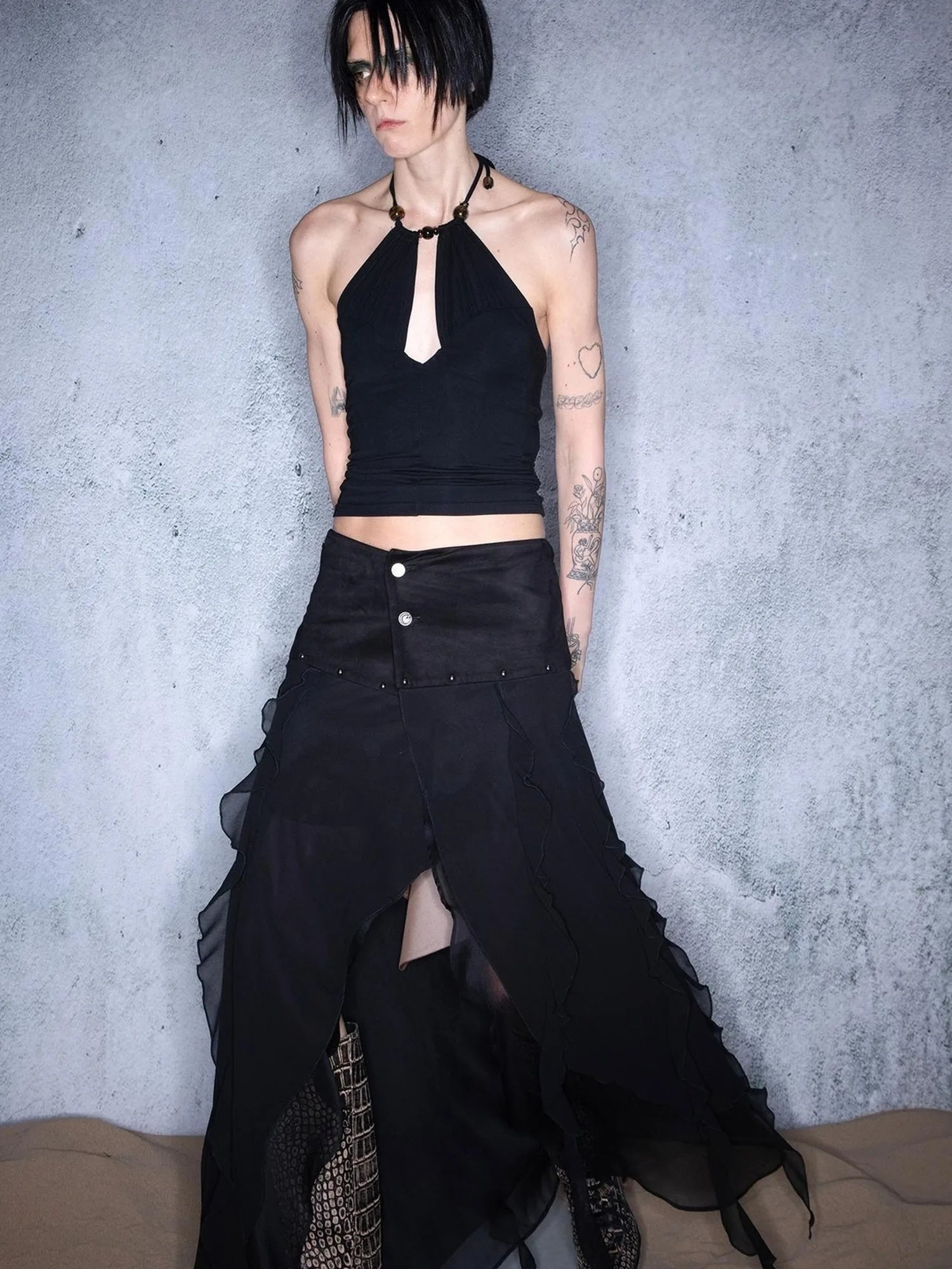 Layered Chiffon Asymmetric Hem Skirt With Ruffles