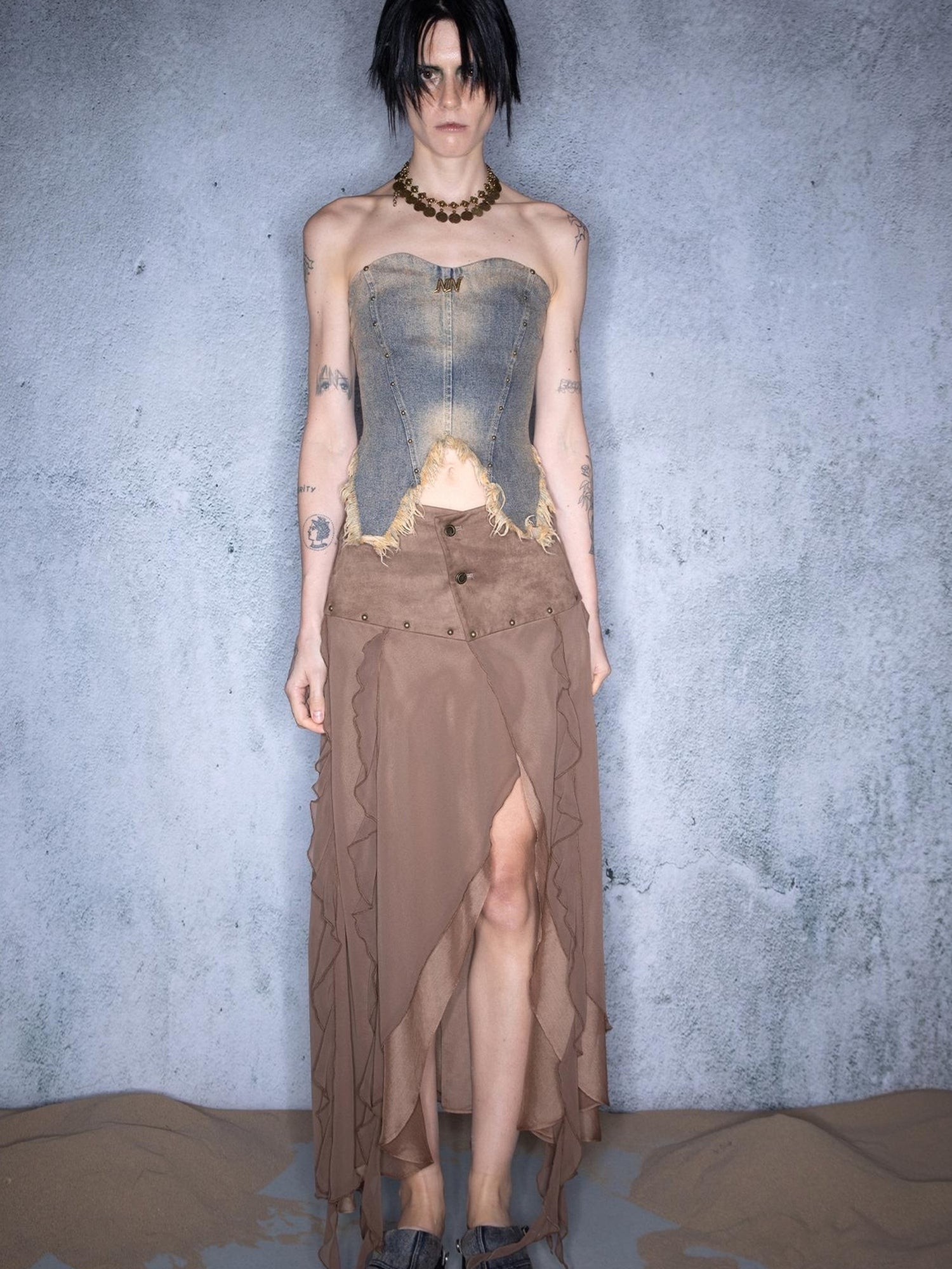 UpdateNN NORTH NODE Layered Chiffon Asymmetric Hem Skirt With Ruffles