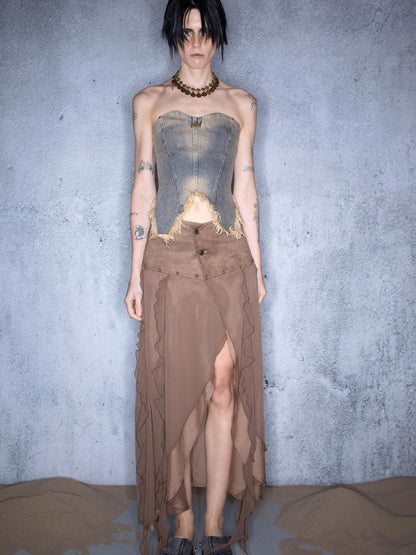 UpdateNN NORTH NODE Layered Chiffon Asymmetric Hem Skirt With Ruffles