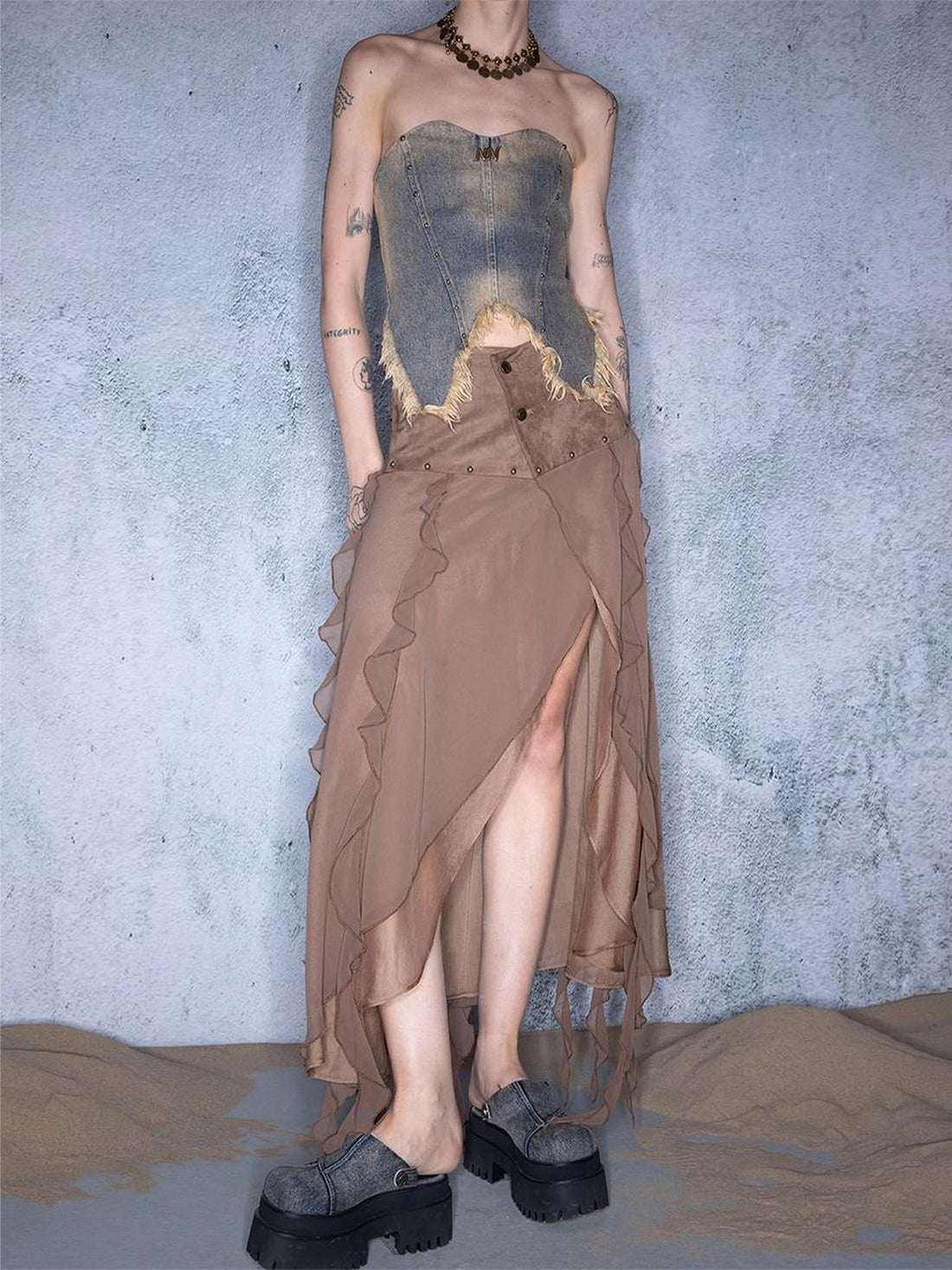 UpdateNN NORTH NODE Layered Chiffon Asymmetric Hem Skirt With Ruffles