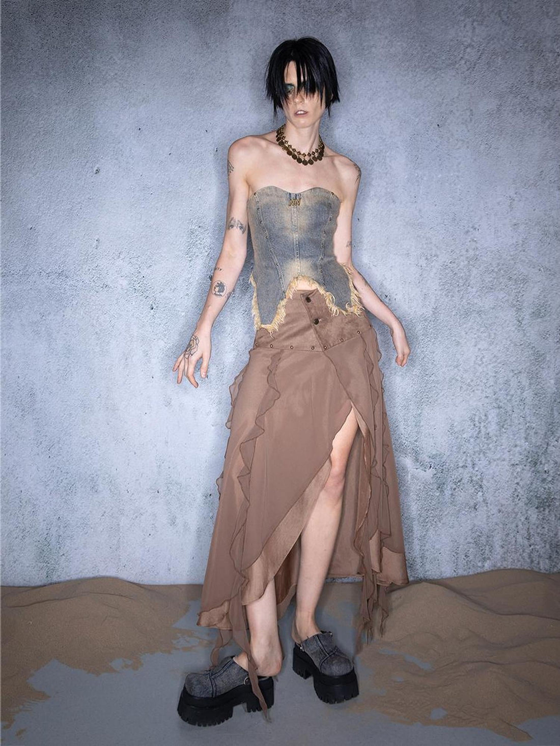 UpdateNN NORTH NODE Layered Chiffon Asymmetric Hem Skirt With Ruffles
