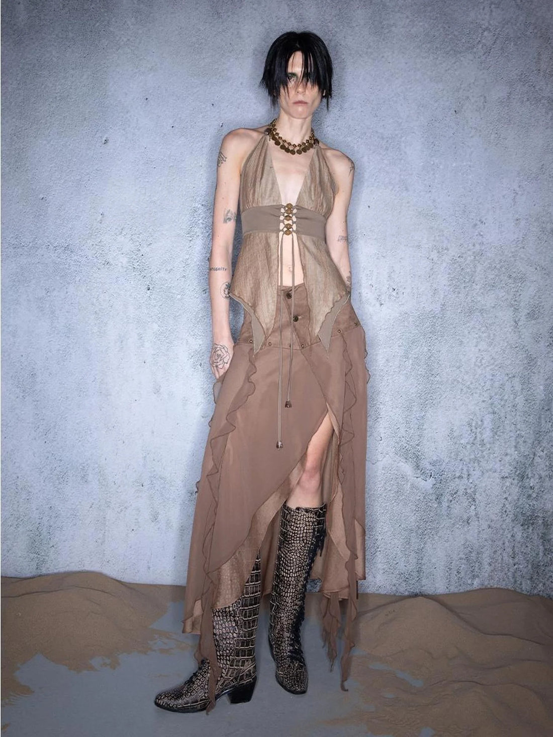 Layered Chiffon Asymmetric Hem Skirt With Ruffles