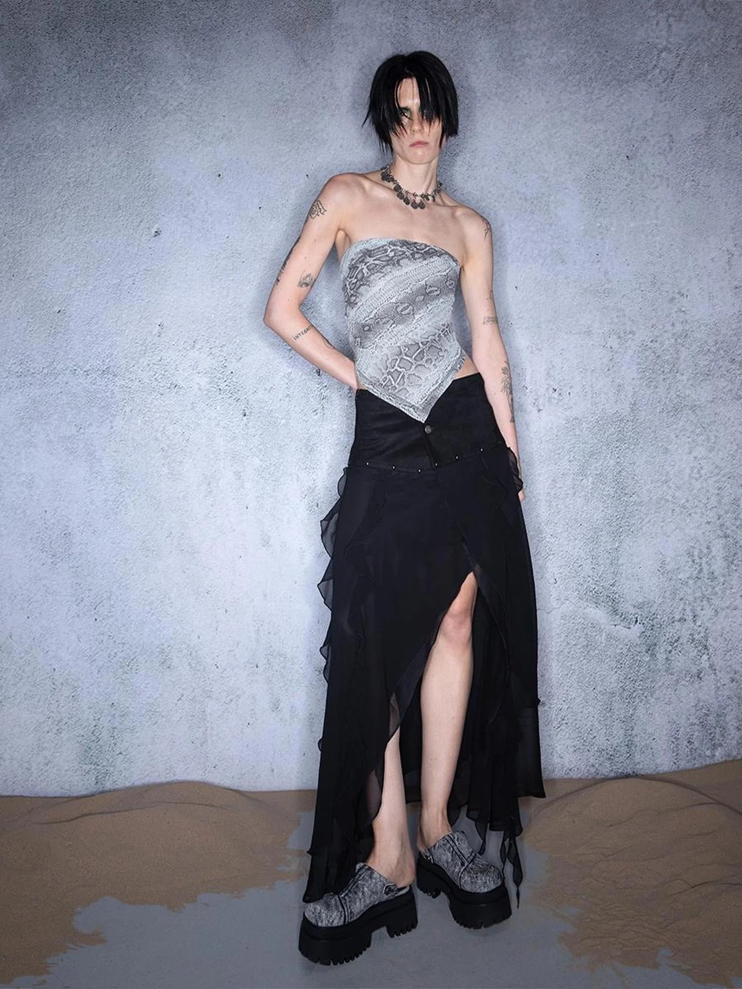 Layered Chiffon Asymmetric Hem Skirt With Ruffles