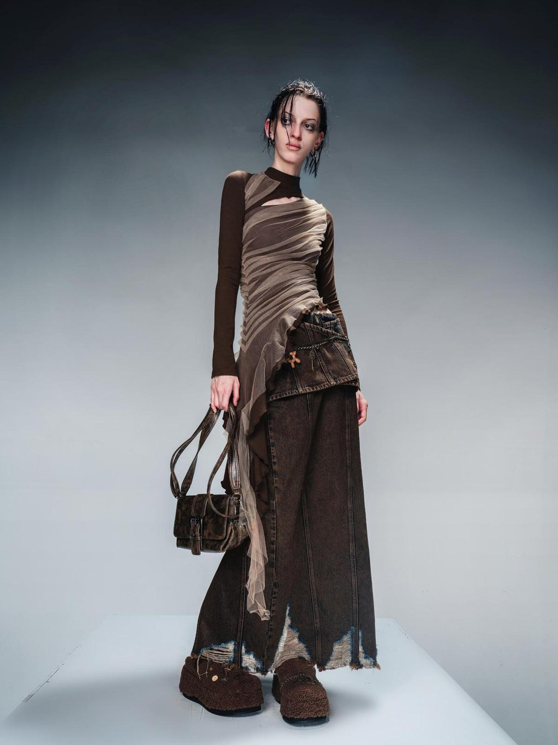 NN NORTH NODE Layered Sheer Mesh Top With Asymmetric Hem