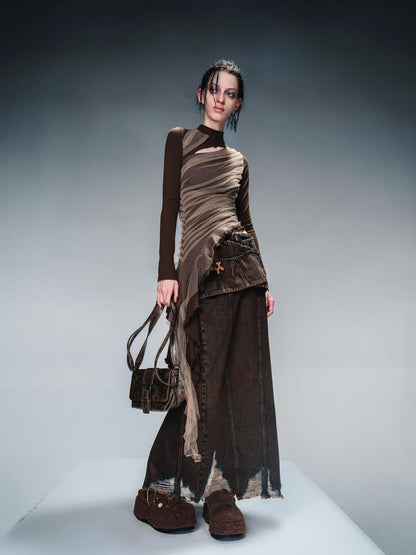 NN NORTH NODE Layered Sheer Mesh Top With Asymmetric Hem