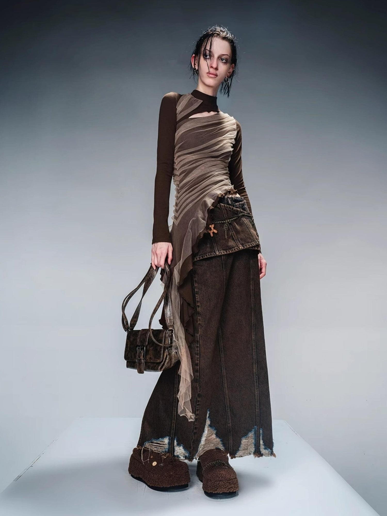 NN NORTH NODE Layered Sheer Mesh Top With Asymmetric Hem