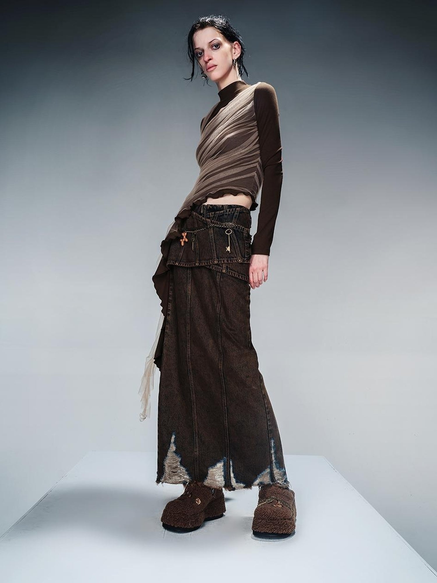 NN NORTH NODE Layered Sheer Mesh Top With Asymmetric Hem