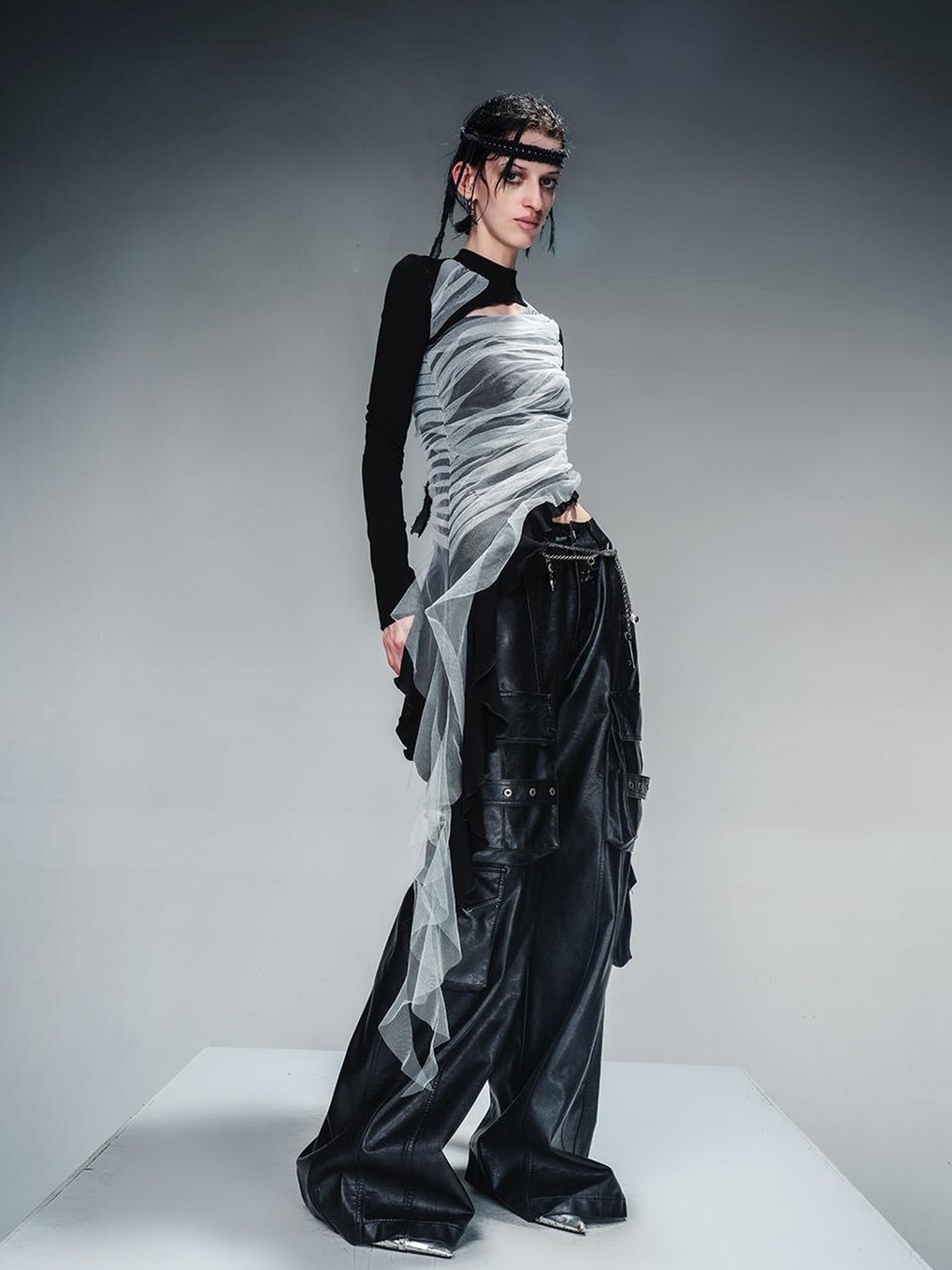 NN NORTH NODE Layered Sheer Mesh Top With Asymmetric Hem