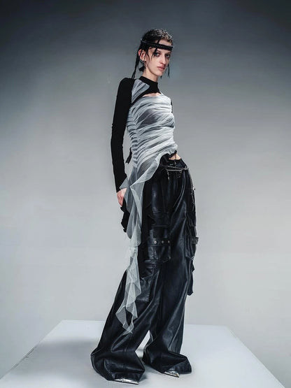 Layered Sheer Mesh Top With Asymmetric Hem