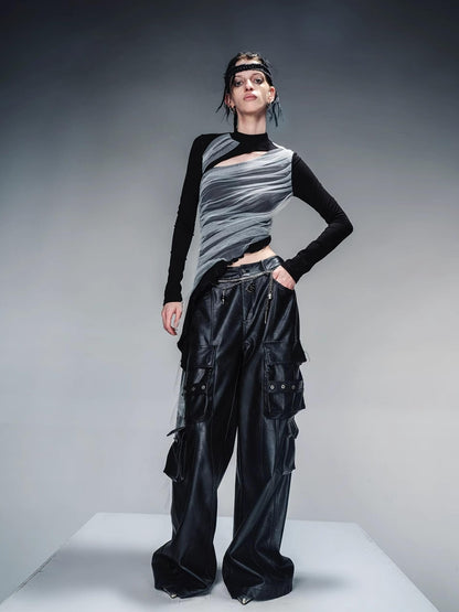 NN NORTH NODE Layered Sheer Mesh Top With Asymmetric Hem