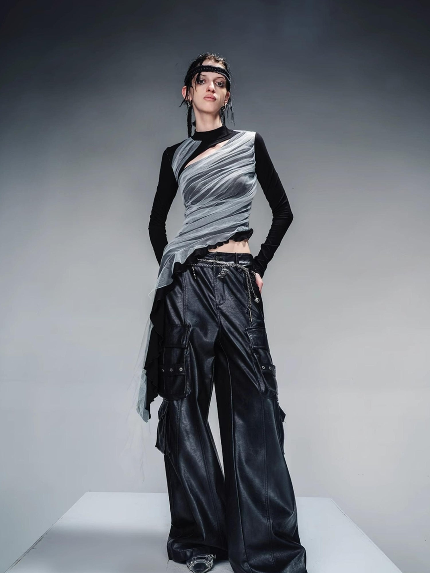 NN NORTH NODE Layered Sheer Mesh Top With Asymmetric Hem