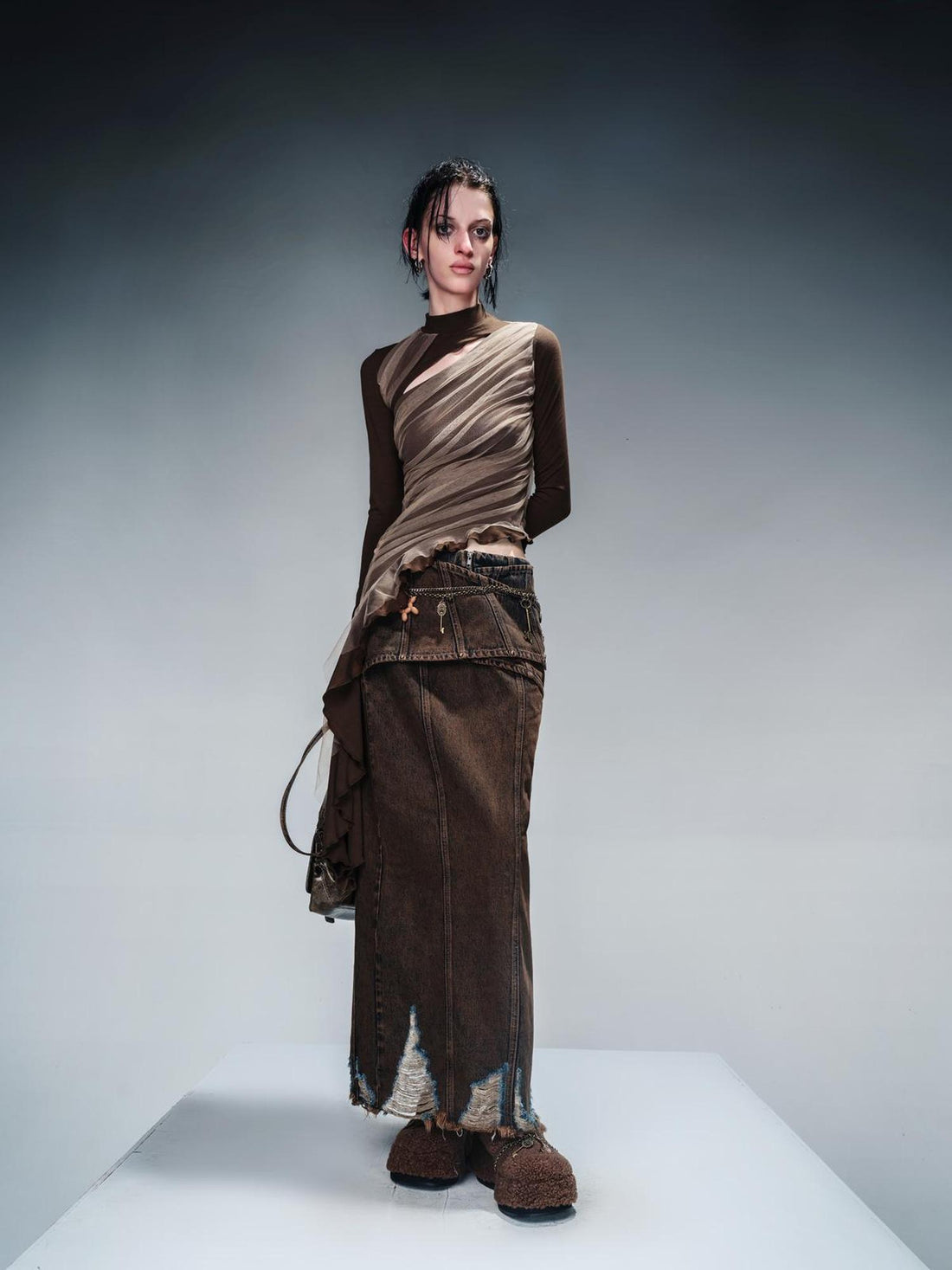 NN NORTH NODE Layered Sheer Mesh Top With Asymmetric Hem