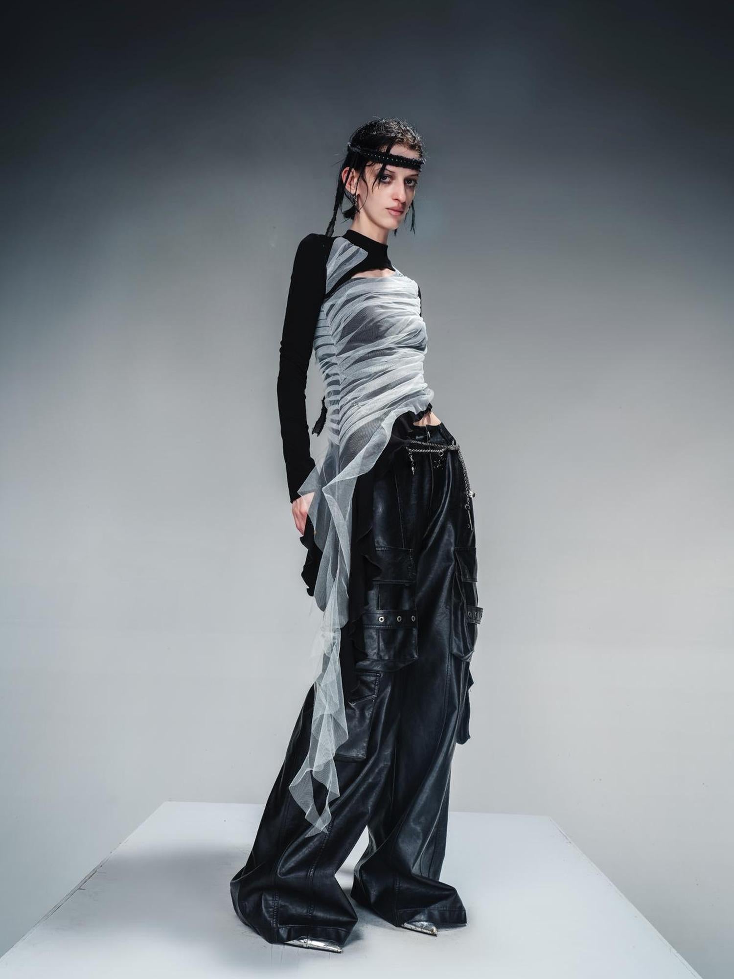 NN NORTH NODE Layered Sheer Mesh Top With Asymmetric Hem