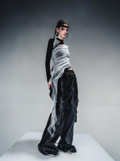 NN NORTH NODE Layered Sheer Mesh Top With Asymmetric Hem