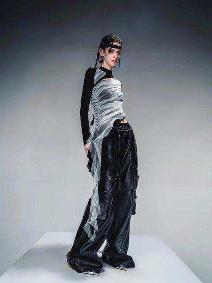 Layered Sheer Mesh Top With Asymmetric Hem