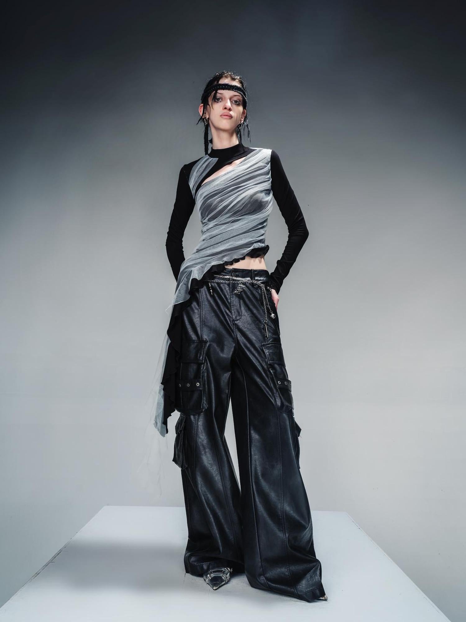 NN NORTH NODE Layered Sheer Mesh Top With Asymmetric Hem