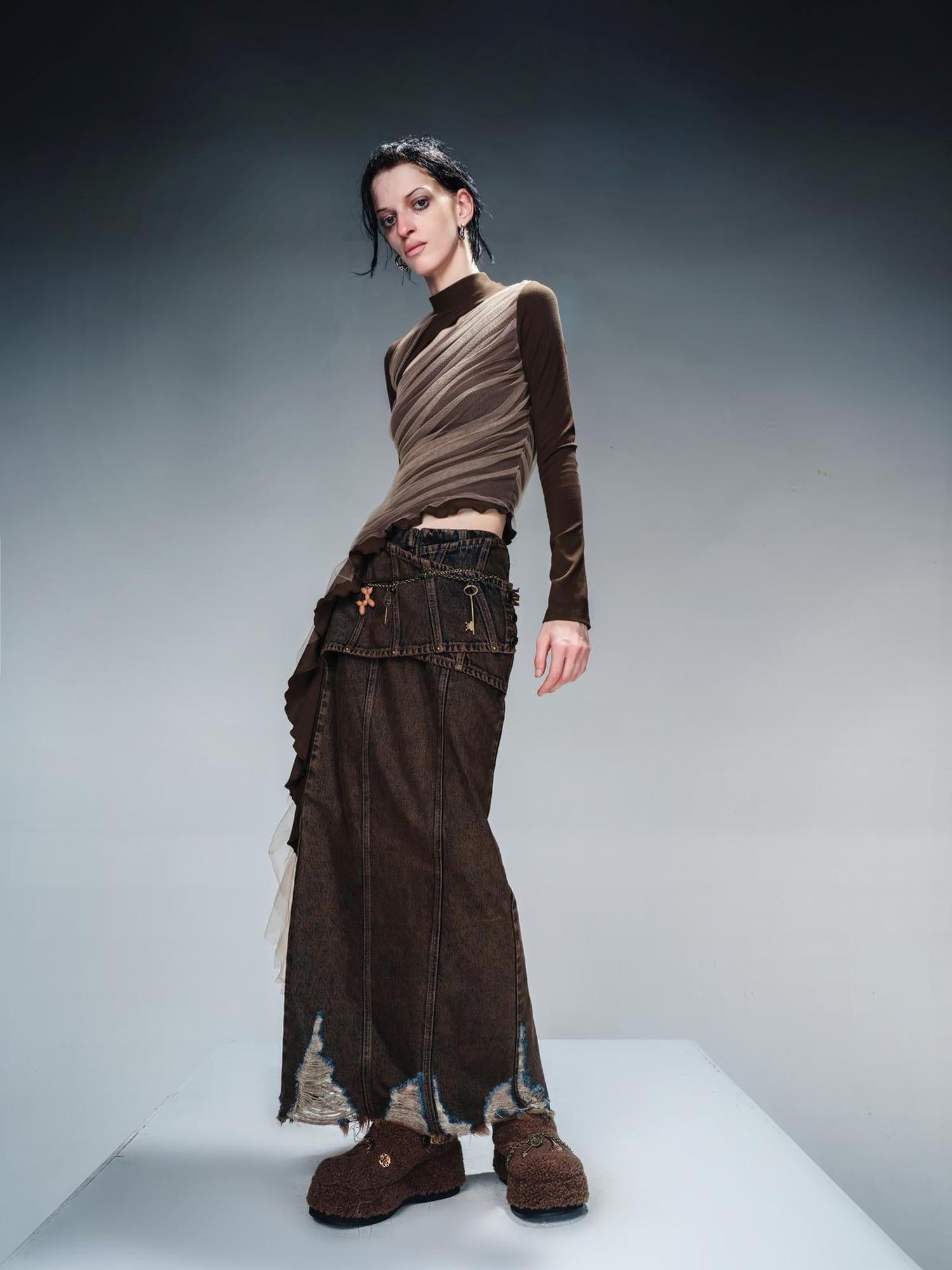 NN NORTH NODE Layered Sheer Mesh Top With Asymmetric Hem