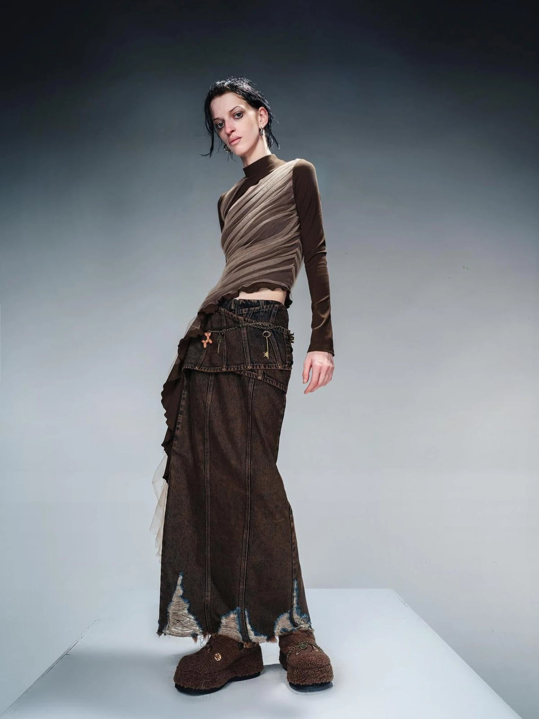 Layered Sheer Mesh Top With Asymmetric Hem