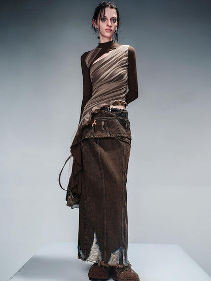 NN NORTH NODE Layered Sheer Mesh Top With Asymmetric Hem