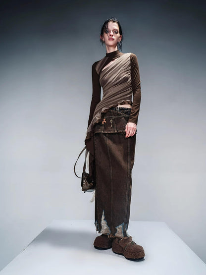NN NORTH NODE Layered Sheer Mesh Top With Asymmetric Hem