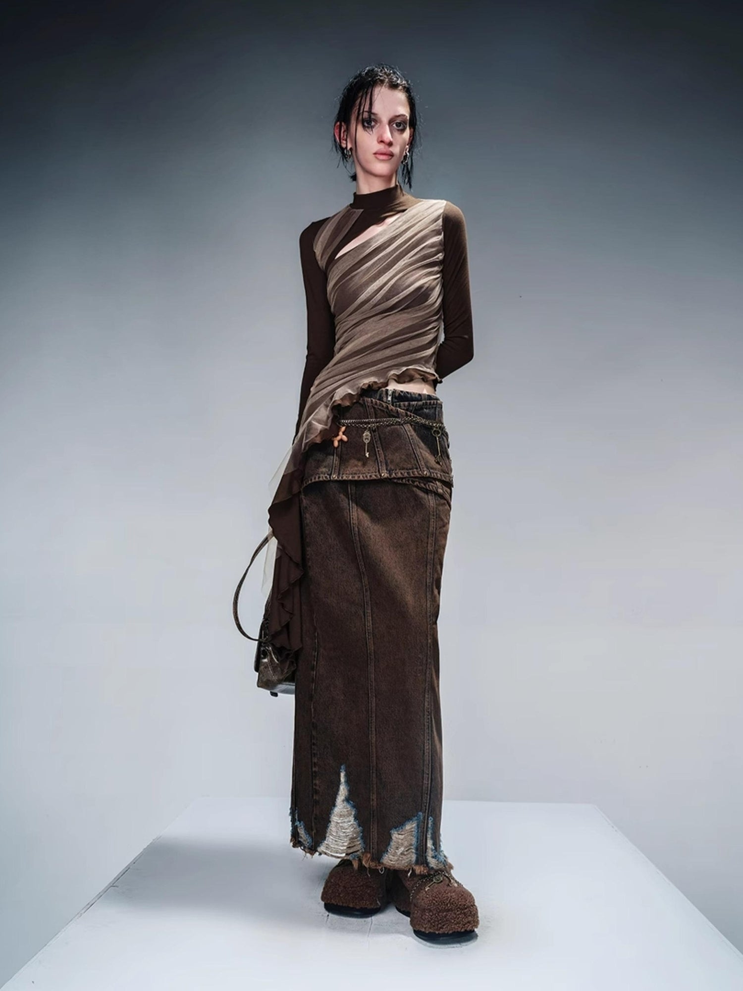 NN NORTH NODE Layered Sheer Mesh Top With Asymmetric Hem