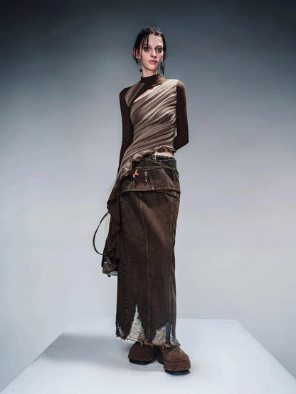 Layered Sheer Mesh Top With Asymmetric Hem
