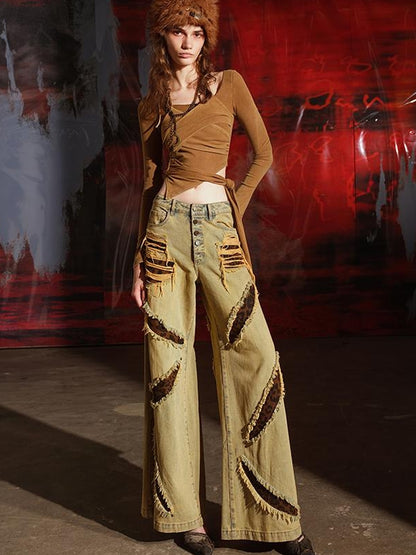 UpdateNN NORTH NODE Leopard Print Patchwork Denim Flares
