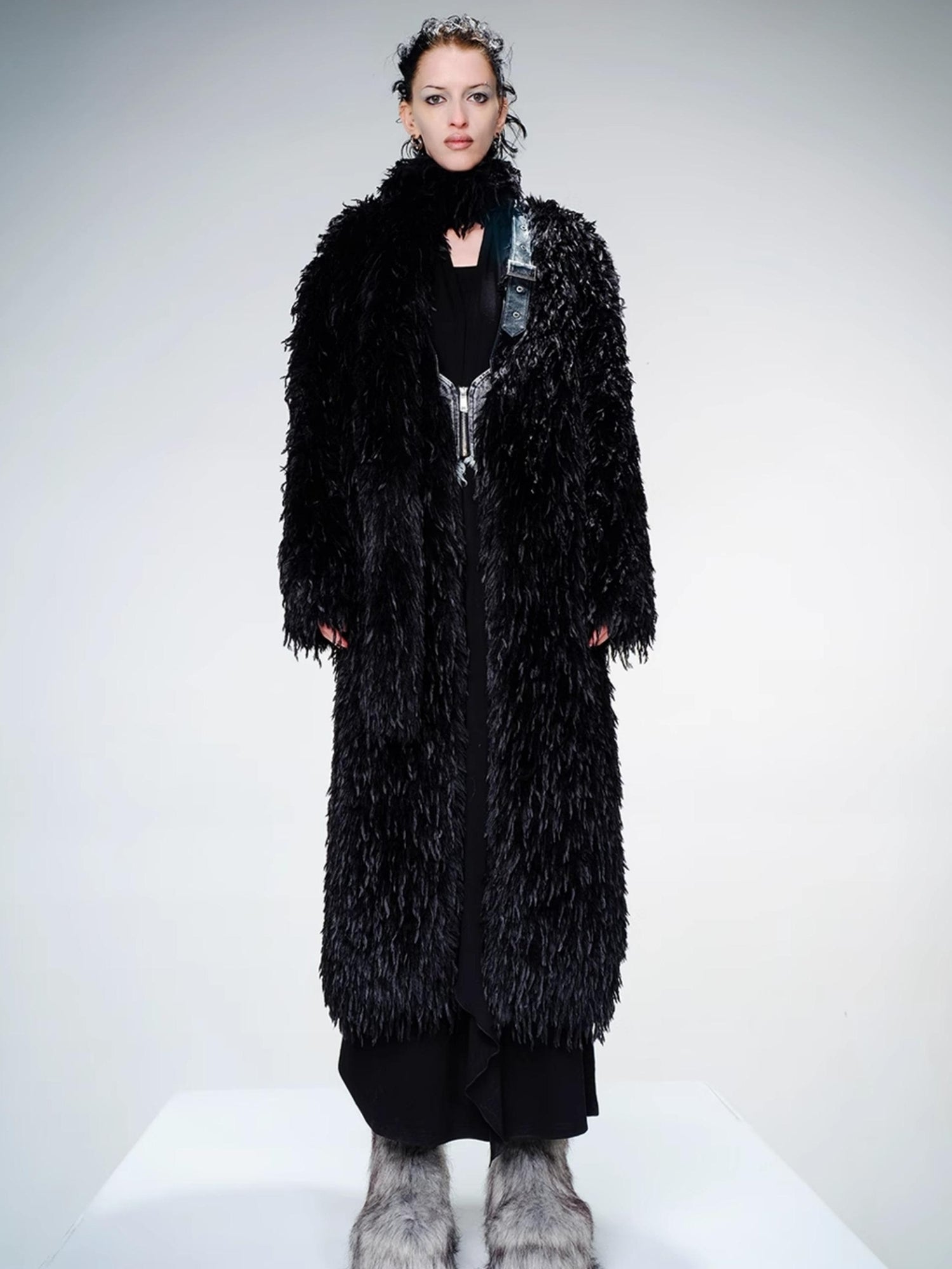 UpdateNN NORTH NODE Long Feathered Trench Coat with Detachable Leather Belt